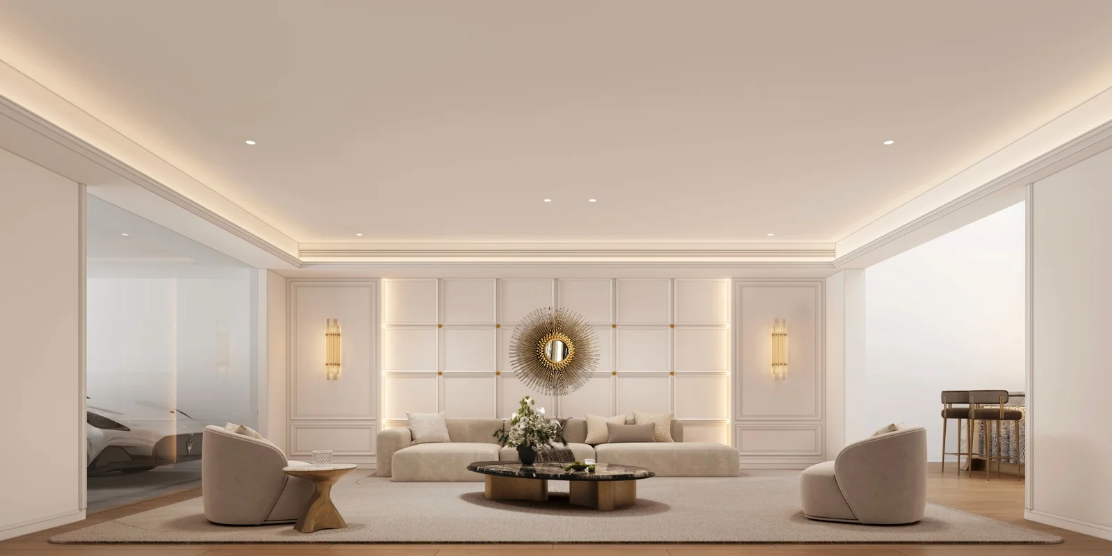 Sydney living room interior design render with cream wall panelling, cove lighting and curved sofas