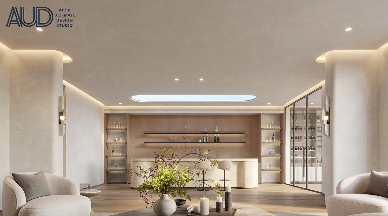 Eden Crest Residence 住宅室内设计效果图，天光吊顶与定制柜体