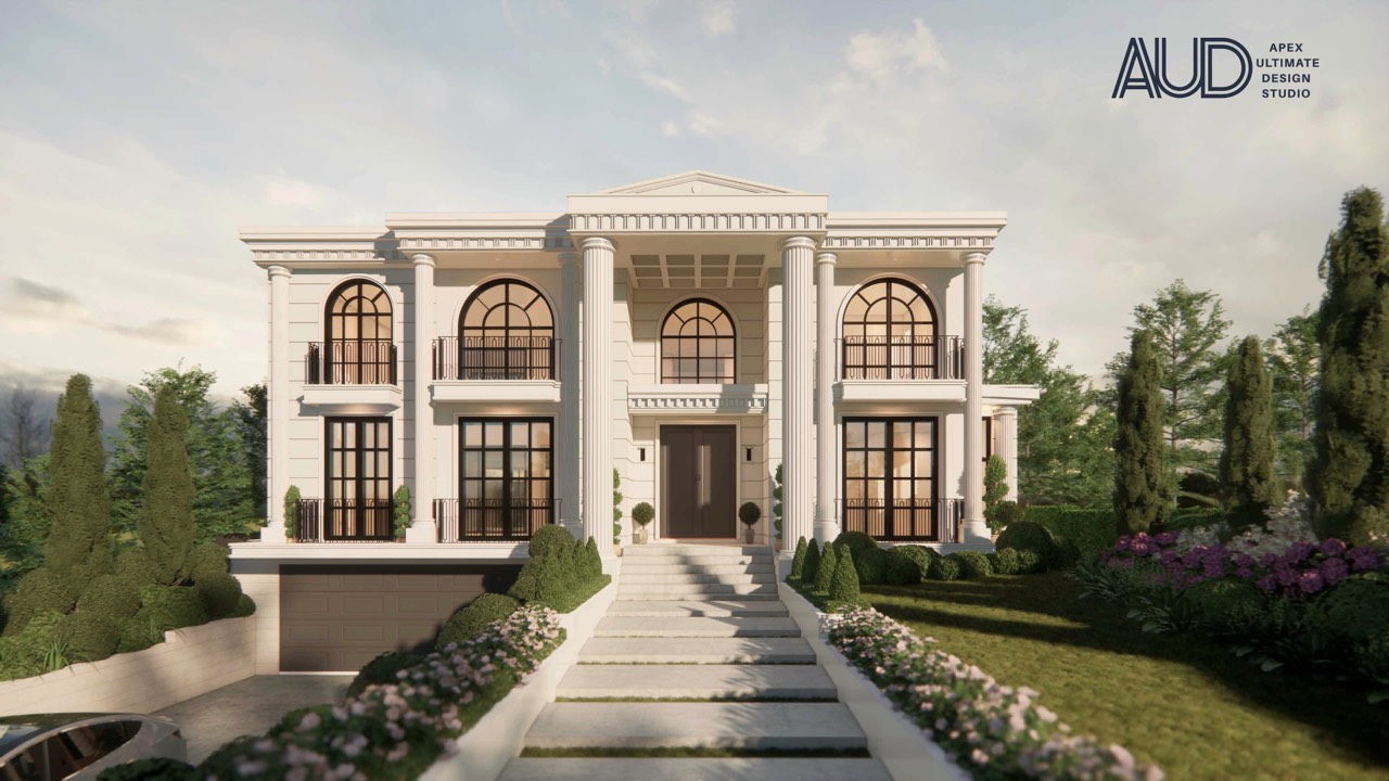 Apex 设计的 Imperial Manor 古典风格住宅效果图，罗马柱与景观前庭