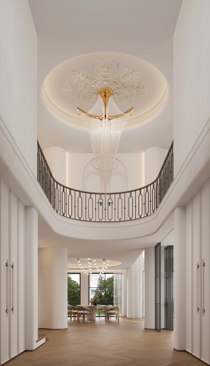 Maison Royale 古典住宅室内挑空大堂与水晶吊灯设计效果图